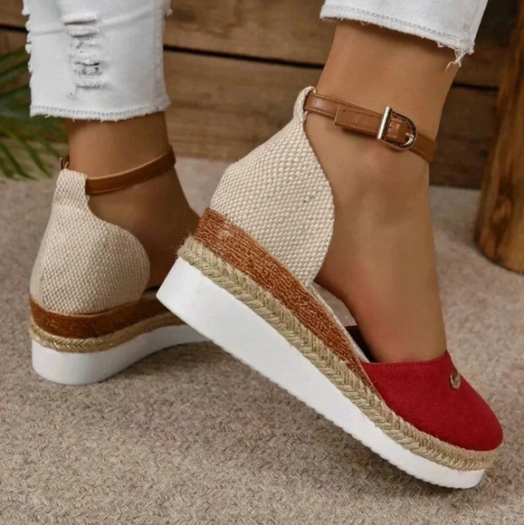 Women's Plus Size Faux Suede Color Block Round Toe Espadrilles With Elegant Wedg - Picture 2 of 7
